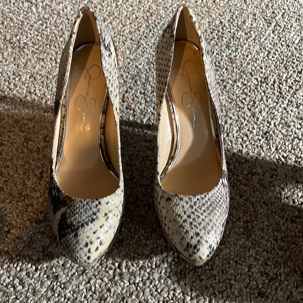 White and black leopard heels